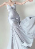 Mermaid Straps Satin Silver Long Prom Dresses Party Dress SD1320