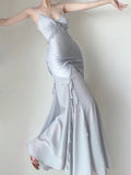 Mermaid Straps Satin Silver Long Prom Dresses Party Dress SD1320