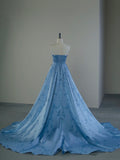 A Line Strapless Blue Satin Long Prom Dresses Party Dress SD1321