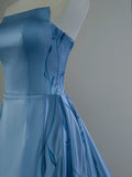 A Line Strapless Blue Satin Long Prom Dresses Party Dress SD1321