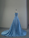 A Line Strapless Blue Satin Long Prom Dresses Party Dress SD1321