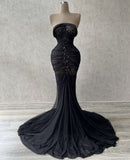 Mermaid Strapless Black Chiffon Long Prom Dresses Party Dress SD1322