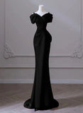 Mermaid Spaghetti Straps Black Satin Long Prom Dresses Party Dress SD1324