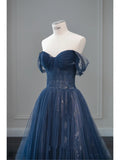 Ball Gown Off The Shoulder Navy Blue Tulle Long Prom Dresses Party Dress SD1326