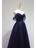 Ball Gown Off The Shoulder Navy Blue Tulle Long Prom Dresses Party Dress SD1326