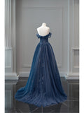 Ball Gown Off The Shoulder Navy Blue Tulle Long Prom Dresses Party Dress SD1326