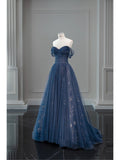 Ball Gown Off The Shoulder Navy Blue Tulle Long Prom Dresses Party Dress SD1326