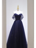 Ball Gown Off The Shoulder Navy Blue Tulle Long Prom Dresses Party Dress SD1326