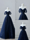 Ball Gown Off The Shoulder Navy Blue Tulle Long Prom Dresses Party Dress SD1326