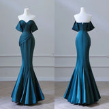 Mermaid Green Satin Off the Shoulder Pleats Prom Dress Prom Dresses SD1327