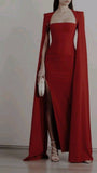 Mermaid Strapless Red Satin Long Prom Dresses Party Dress With Cape SD1328
