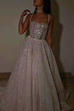 A Line Spaghetti Straps Sequin Silver Long Prom Dresses Party Dress SD1331