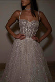 A Line Spaghetti Straps Sequin Silver Long Prom Dresses Party Dress SD1331