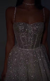 A Line Spaghetti Straps Sequin Silver Long Prom Dresses Party Dress SD1331