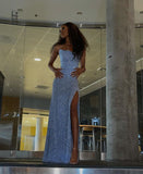 Mermaid Spaghetti Straps Sequin Slit Blue Long Prom Dresses Party Dress SD1333