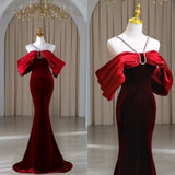 Mermaid Off The Shoulder Burgundy Velvet Long Prom Dresses Party Dress SD1335