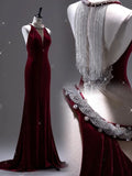 Mermaid Scoop Neckline Burgundy Velvet Long Prom Dresses Party Dress SD1336