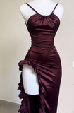Mermaid Spaghetti Straps Burgundy Backless Prom Dresses Party Dress SD1338