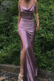 Silk Satin Long Evening Party Dress Prom Dresses with High Slit SD1342