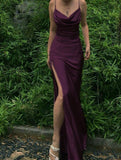 Mermaid Spaghetti Straps Grape Slit Long Prom Dresses Party Dress SD1342