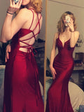 Spaghetti Straps Mermaid Burgundy Backless Satin Long Prom Dresses SD1348