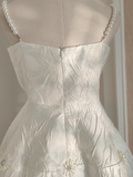A line Spaghetti Straps White Pearls Women Dress Short Birthday Outfits SD134