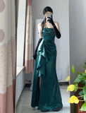 Sheath Strapless Floor Length Ruffles Slit Green Satin Prom Dresses SD1350