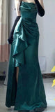 Sheath Strapless Floor Length Ruffles Slit Green Satin Prom Dresses SD1350