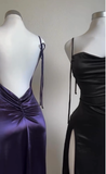 Sheath Spaghetti Straps Floor Length Ruffles Grape Slit Prom Dresses SD1351