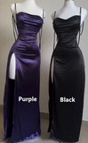 Sheath Spaghetti Straps Floor Length Ruffles Grape Slit Prom Dresses SD1351