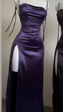 Sheath Spaghetti Straps Floor Length Ruffles Grape Slit Prom Dresses SD1351
