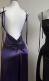 Sheath Spaghetti Straps Floor Length Ruffles Grape Slit Prom Dresses SD1351