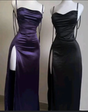 Sheath Spaghetti Straps Floor Length Ruffles Grape Slit Prom Dresses SD1351