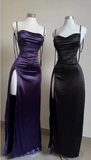 Sheath Spaghetti Straps Floor Length Ruffles Grape Slit Prom Dresses SD1351