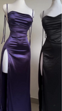 Sheath Spaghetti Straps Floor Length Ruffles Grape Slit Prom Dresses SD1351
