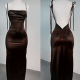 Sheath Spaghetti Straps Floor Length Ruffles Brown Slit Prom Dresses SD1352
