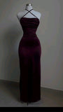 Sheath Spaghetti Straps Floor Length Ruffles Backless Burgundy Prom Dresses SD1354
