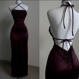 Sheath Spaghetti Straps Floor Length Ruffles Backless Burgundy Prom Dresses SD1354