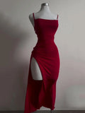 Sheath Spaghetti Straps Tea Length Backless Red Prom Dresses SD1355