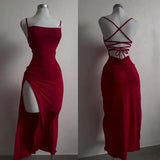 Sheath Spaghetti Straps Tea Length Backless Red Prom Dresses SD1355