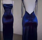 Sheath Spaghetti Straps Floor Length Ruffles Royal Blue Prom Dresses SD1357