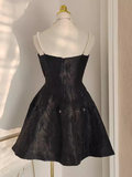 A line Spaghetti Straps Black Pearls Women Dress Short Birthday Outfits SD135