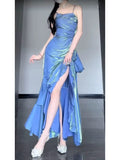 Mermaid Spaghetti Straps Satin Long Party Dress Green Prom Dresses SD2408