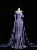A Line Off The Shoulder Light Grape Satin Prom Dresses Long Evening Gown Formal Party Dress SD1361