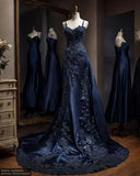 Mermaid Spaghetti Straps Navy Blue Satin Long Prom Dresses Party Dress SD1363