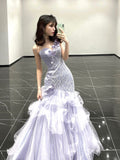 Mermaid One Shoulder Lilac Tulle Satin Long Prom Dresses Party Dress SD1366