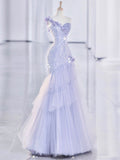 Mermaid One Shoulder Lilac Tulle Satin Long Prom Dresses Party Dress SD1366