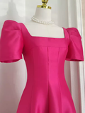 A line Square Neckline Hot Pink Vacation Dress Satin Women Dresses SD136