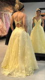 Ball Gown Spaghetti Straps Lace Yellow Backless Long Prom Dresses Party Dress SD1371