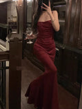 Sheath Spaghetti Straps Burgundy Long Party Dress Prom Dresses SD1376